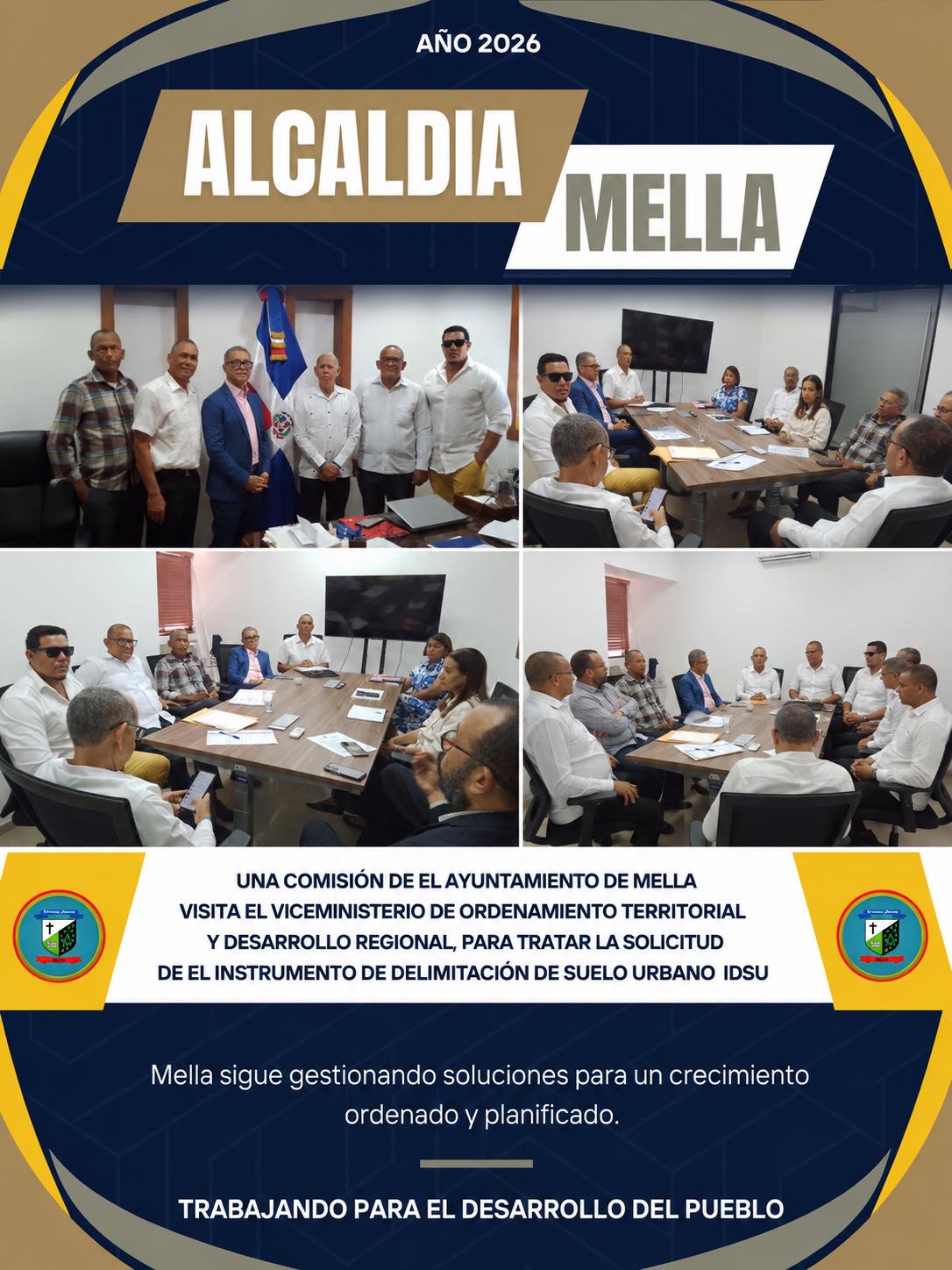 Una comisión del Ayuntamiento Municipal de Mella realizó una visita al Viceministerio de Ordenamiento Territorial y Desarrollo Regional para tratar la solicitud de implementación del IDSU (Instrumento de Delimitación de Suelos Urbanos), una herramienta técnica fundamental para la organización y planificación del territorio, cuyo objetivo es establecer con precisión los límites del suelo urbano y las zonas no urbanizables o rurales.